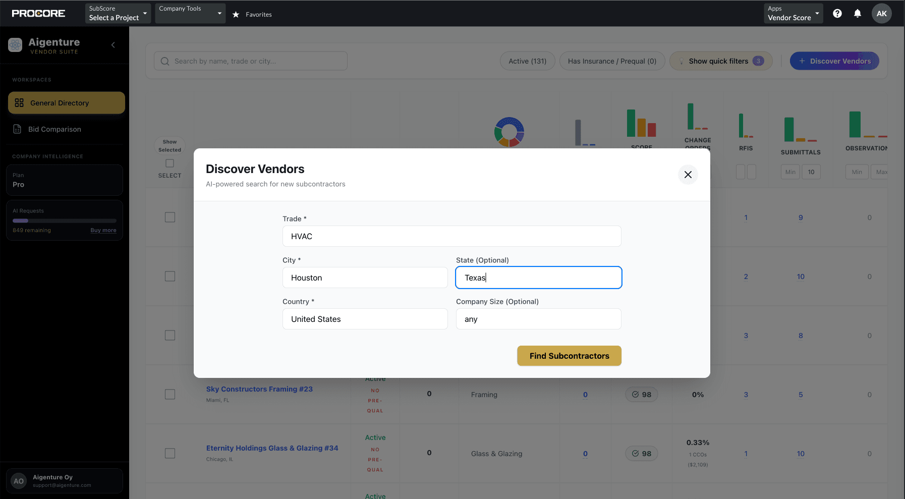 AI-assisted vendor discovery modal